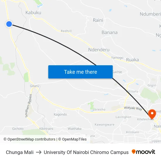 Chunga Mali to University Of Nairobi Chiromo Campus map