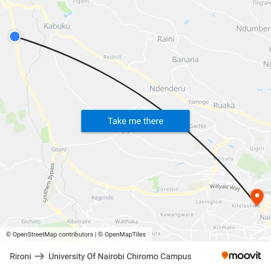 Rironi to University Of Nairobi Chiromo Campus map