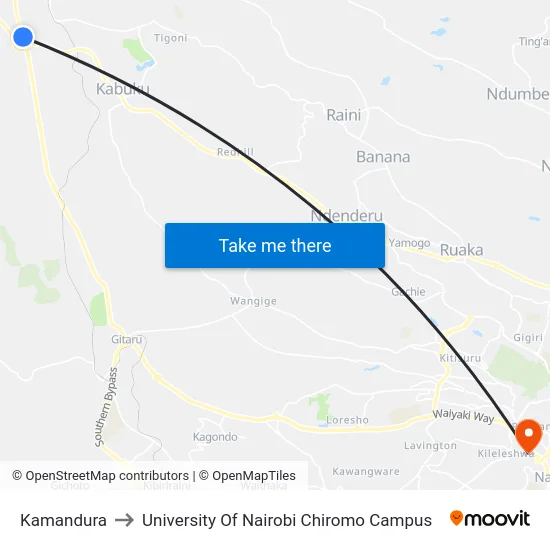 Kamandura to University Of Nairobi Chiromo Campus map
