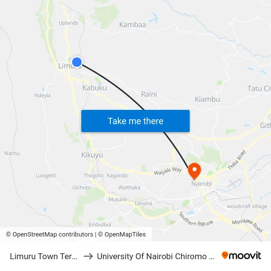 Limuru Town Terminal to University Of Nairobi Chiromo Campus map