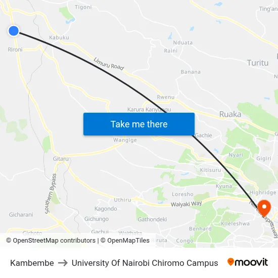 Kambembe to University Of Nairobi Chiromo Campus map