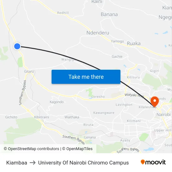 Kiambaa to University Of Nairobi Chiromo Campus map