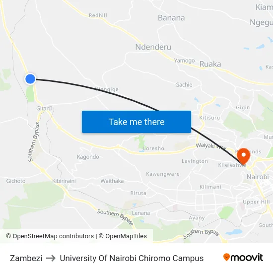 Zambezi to University Of Nairobi Chiromo Campus map