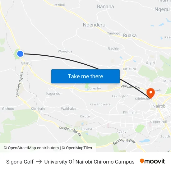 Sigona Golf to University Of Nairobi Chiromo Campus map
