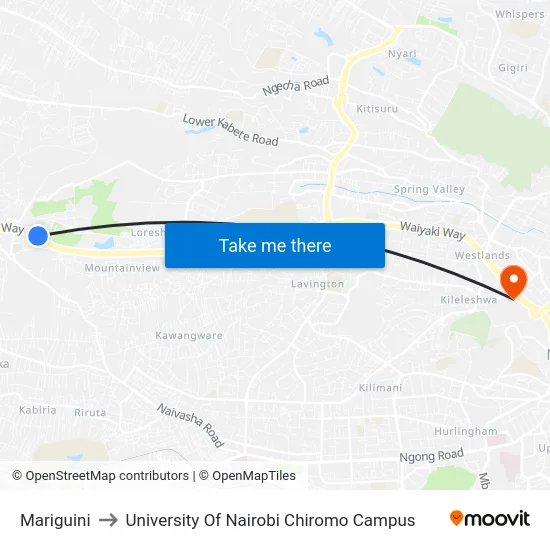 Mariguini to University Of Nairobi Chiromo Campus map