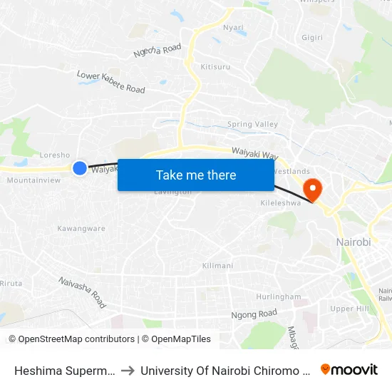 Heshima Supermarket to University Of Nairobi Chiromo Campus map