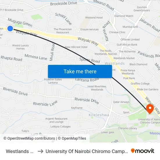 Westlands Dc to University Of Nairobi Chiromo Campus map