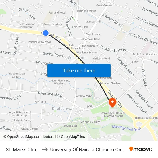 St. Marks Church to University Of Nairobi Chiromo Campus map