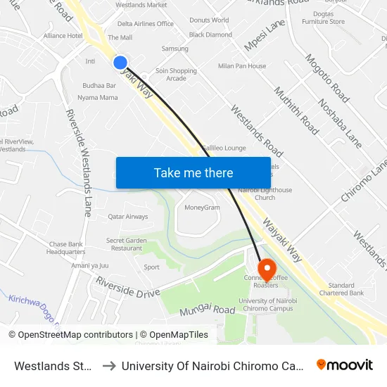 Westlands Stage to University Of Nairobi Chiromo Campus map