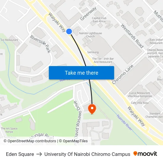 Eden Square to University Of Nairobi Chiromo Campus map