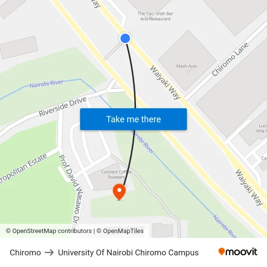 Chiromo to University Of Nairobi Chiromo Campus map
