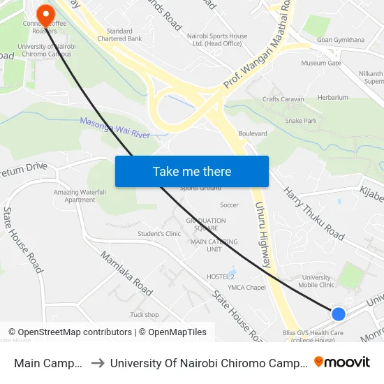 Main Campus to University Of Nairobi Chiromo Campus map