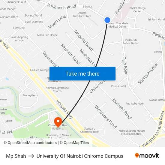 Mp Shah to University Of Nairobi Chiromo Campus map
