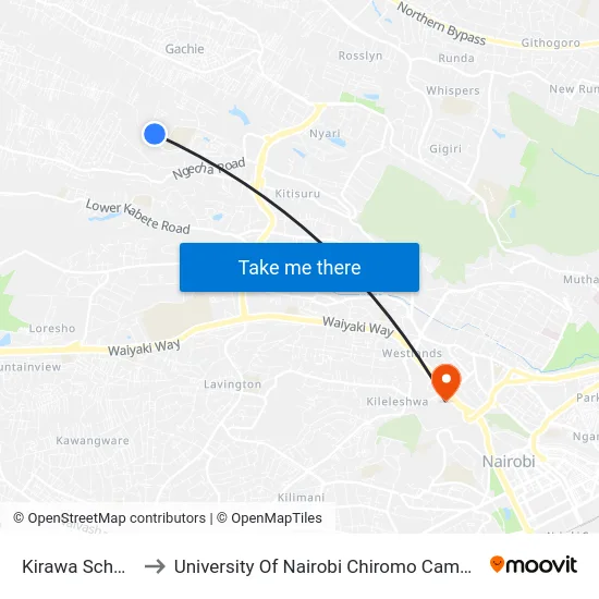 Kirawa School to University Of Nairobi Chiromo Campus map