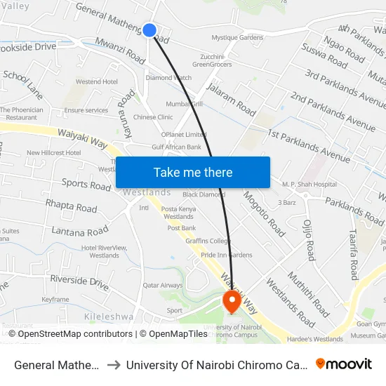 General Mathenge to University Of Nairobi Chiromo Campus map