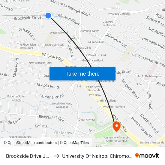 Brookside Drive Junction to University Of Nairobi Chiromo Campus map