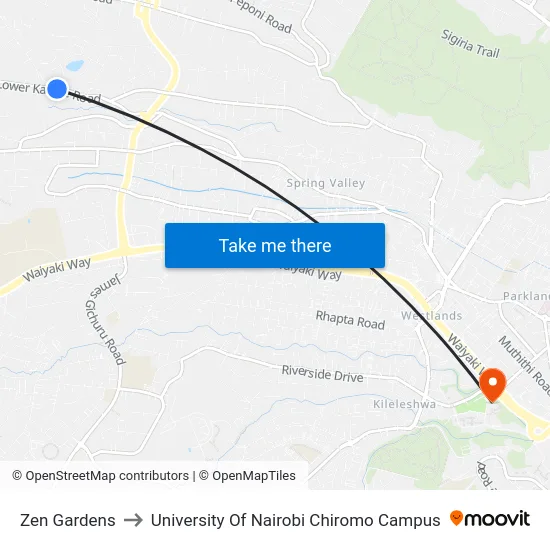 Zen Gardens to University Of Nairobi Chiromo Campus map