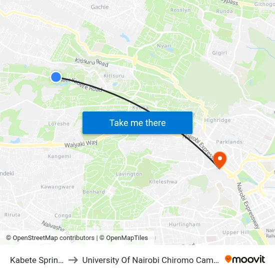 Kabete Springs to University Of Nairobi Chiromo Campus map