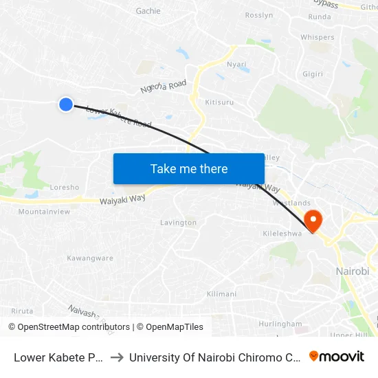 Lower Kabete Posta to University Of Nairobi Chiromo Campus map