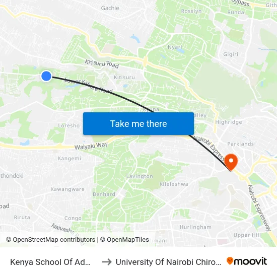 Kenya School Of Administration to University Of Nairobi Chiromo Campus map