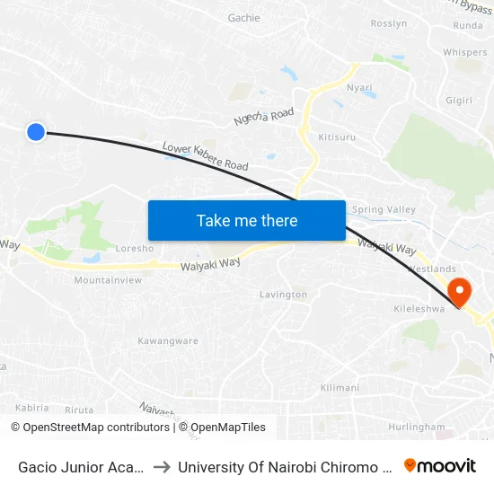 Gacio Junior Academy to University Of Nairobi Chiromo Campus map
