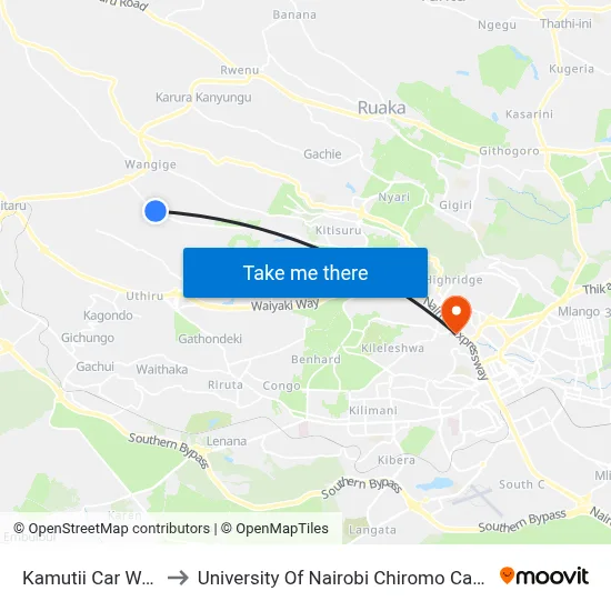 Kamutii Car Wash to University Of Nairobi Chiromo Campus map