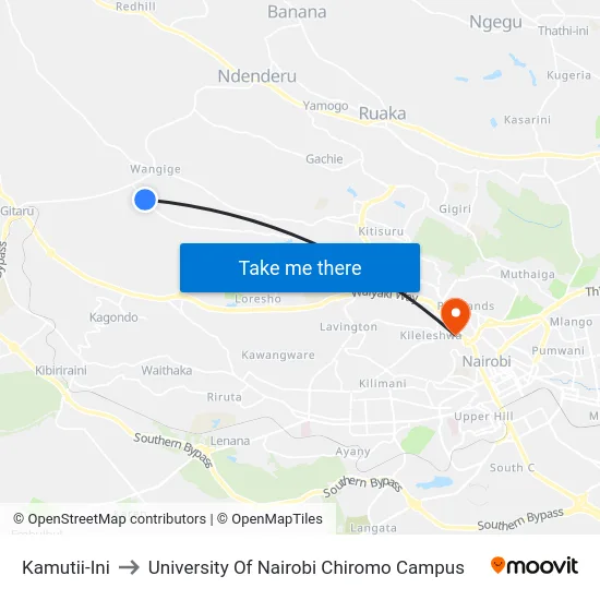 Kamutii-Ini to University Of Nairobi Chiromo Campus map