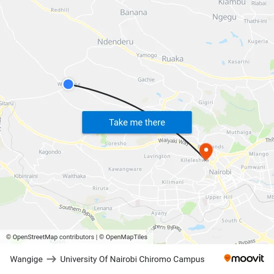 Wangige to University Of Nairobi Chiromo Campus map