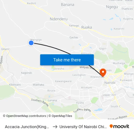 Accacia Junction(Kingeero -Mwisho) to University Of Nairobi Chiromo Campus map