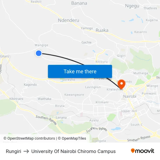 Rungiri to University Of Nairobi Chiromo Campus map