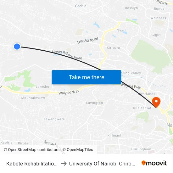 Kabete Rehabilitation Center to University Of Nairobi Chiromo Campus map