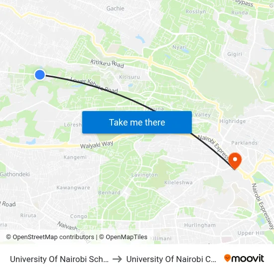 University Of Nairobi School Of Business to University Of Nairobi Chiromo Campus map