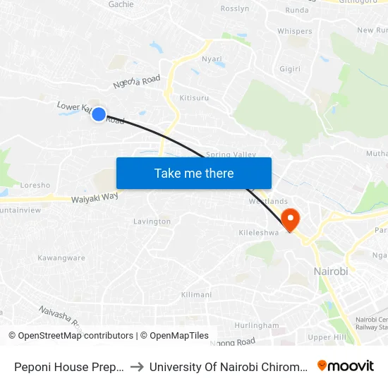 Peponi House Preparatory to University Of Nairobi Chiromo Campus map