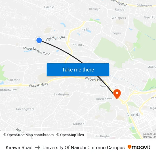 Kirawa Road to University Of Nairobi Chiromo Campus map