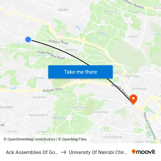 Ack Assemblies Of God Mwimuto to University Of Nairobi Chiromo Campus map