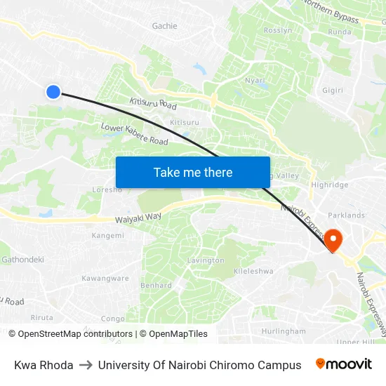 Kwa Rhoda to University Of Nairobi Chiromo Campus map