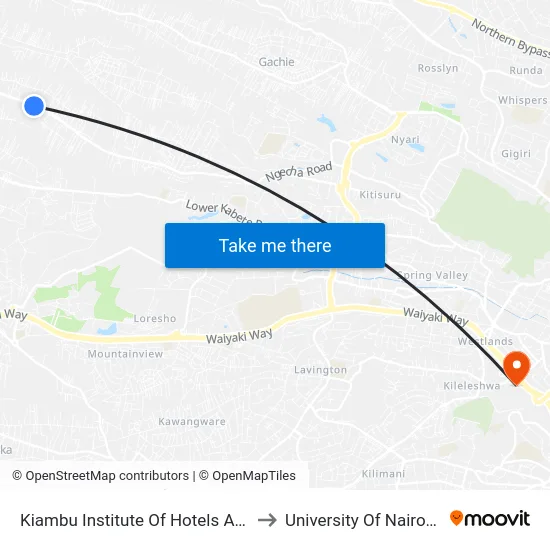 Kiambu Institute Of Hotels And Catering/Valence School to University Of Nairobi Chiromo Campus map