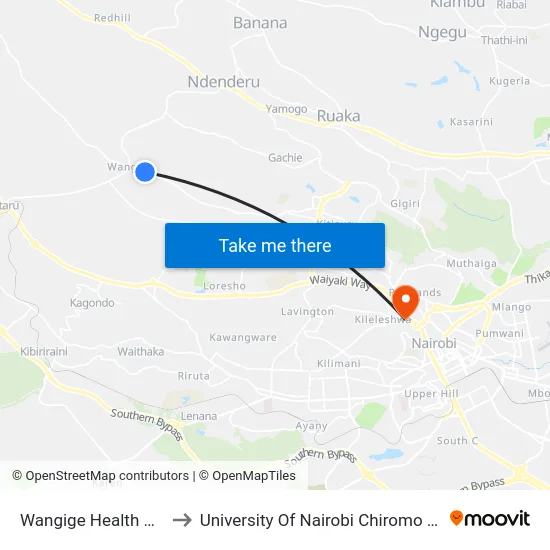Wangige Health Centre to University Of Nairobi Chiromo Campus map