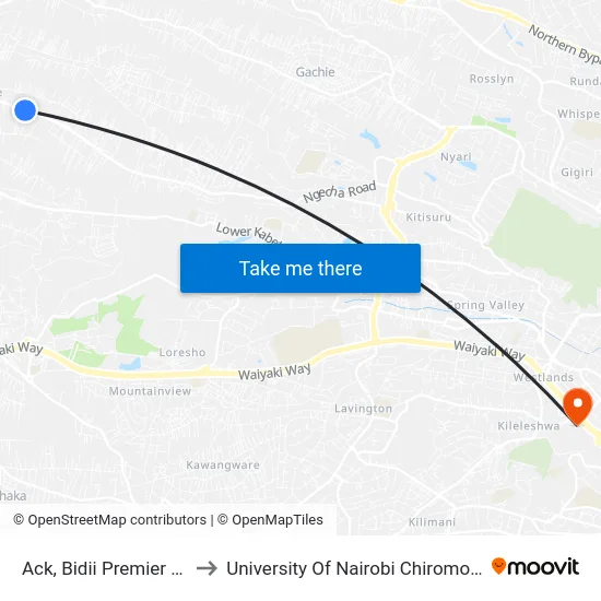 Ack, Bidii Premier School to University Of Nairobi Chiromo Campus map