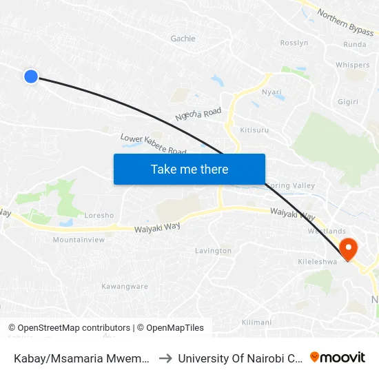 Kabay/Msamaria Mwema Children's Home to University Of Nairobi Chiromo Campus map