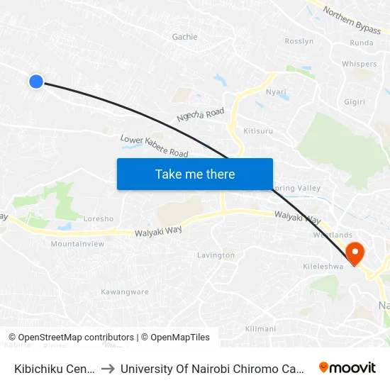 Kibichiku Centre to University Of Nairobi Chiromo Campus map