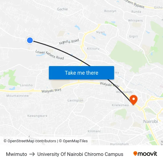 Mwimuto to University Of Nairobi Chiromo Campus map