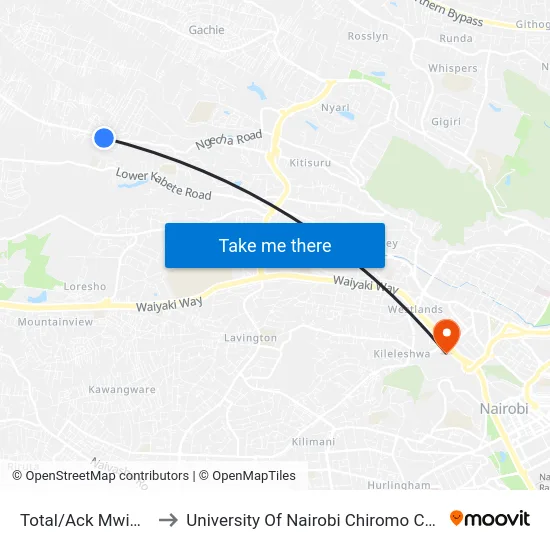 Total/Ack Mwimuto to University Of Nairobi Chiromo Campus map