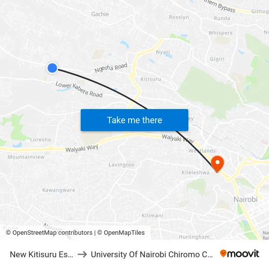 New Kitisuru Estate to University Of Nairobi Chiromo Campus map