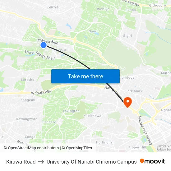 Kirawa Road to University Of Nairobi Chiromo Campus map