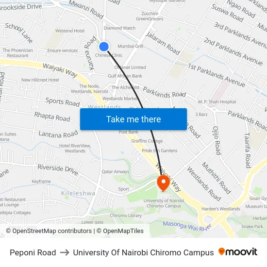 Peponi Road to University Of Nairobi Chiromo Campus map