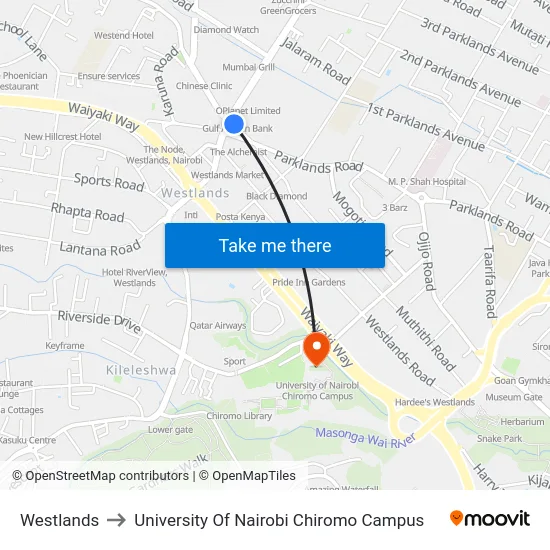 Westlands to University Of Nairobi Chiromo Campus map