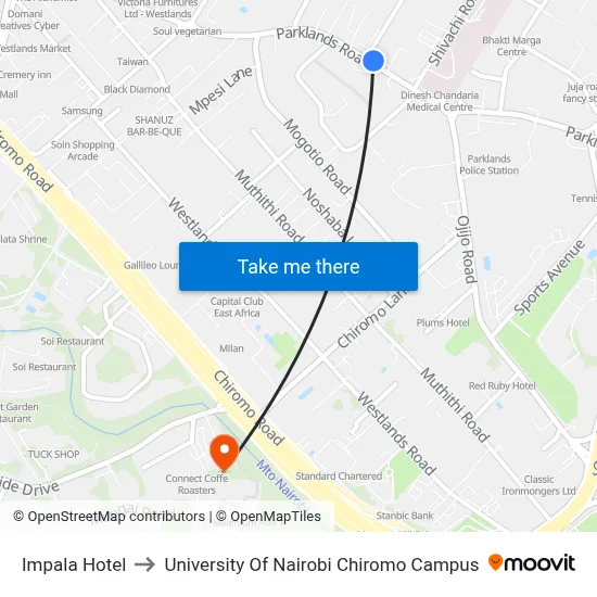 Impala Hotel to University Of Nairobi Chiromo Campus map