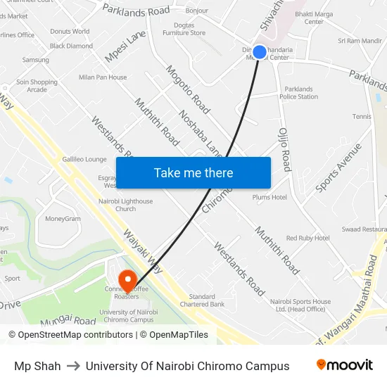 Mp Shah to University Of Nairobi Chiromo Campus map