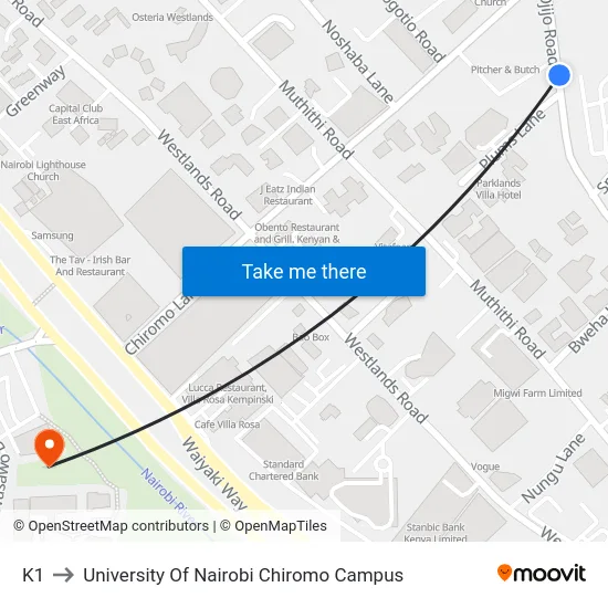 K1 to University Of Nairobi Chiromo Campus map